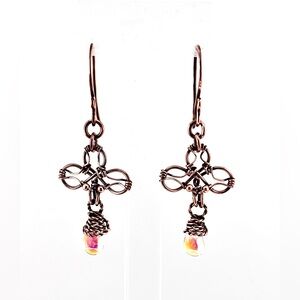 HANDMADE Iridescent Glass Drop Copper Wire Wrapped Dangle Earrings, Artisan